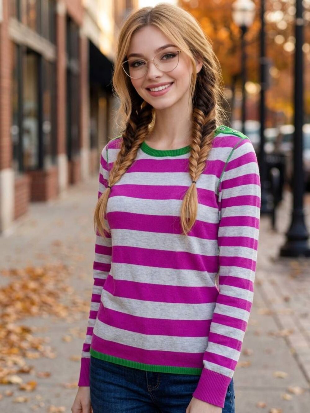 💜Tommy Hilfiger Pink & Gray Stripes w/Green Trim Long Sleeve Sweater XLarge